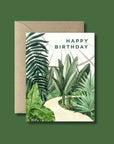 Tropical plant-themed birthday card with 'Happy Birthday' text on a green background