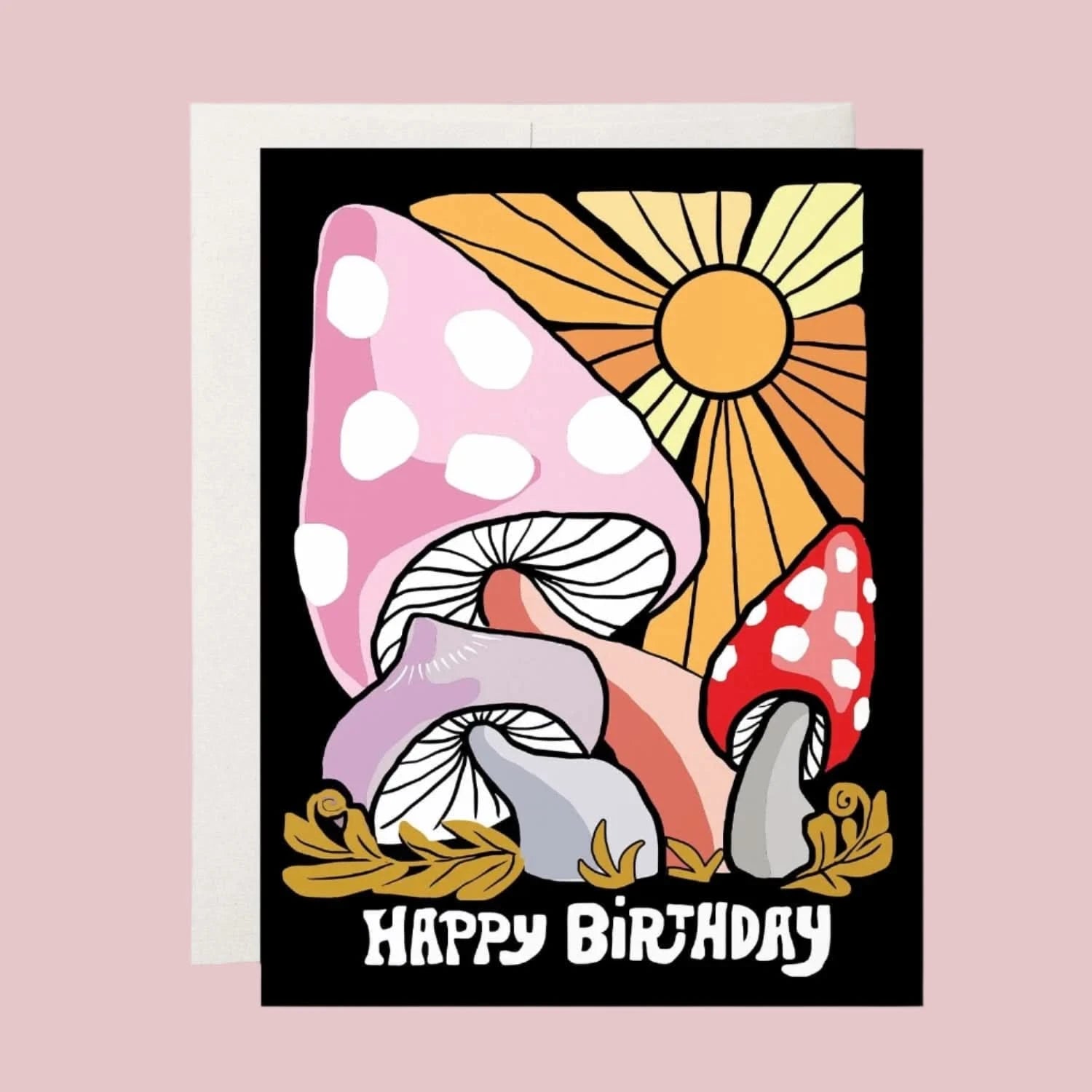 Magic Mushroom Birthday Card - Green Fresh Florals + Plants