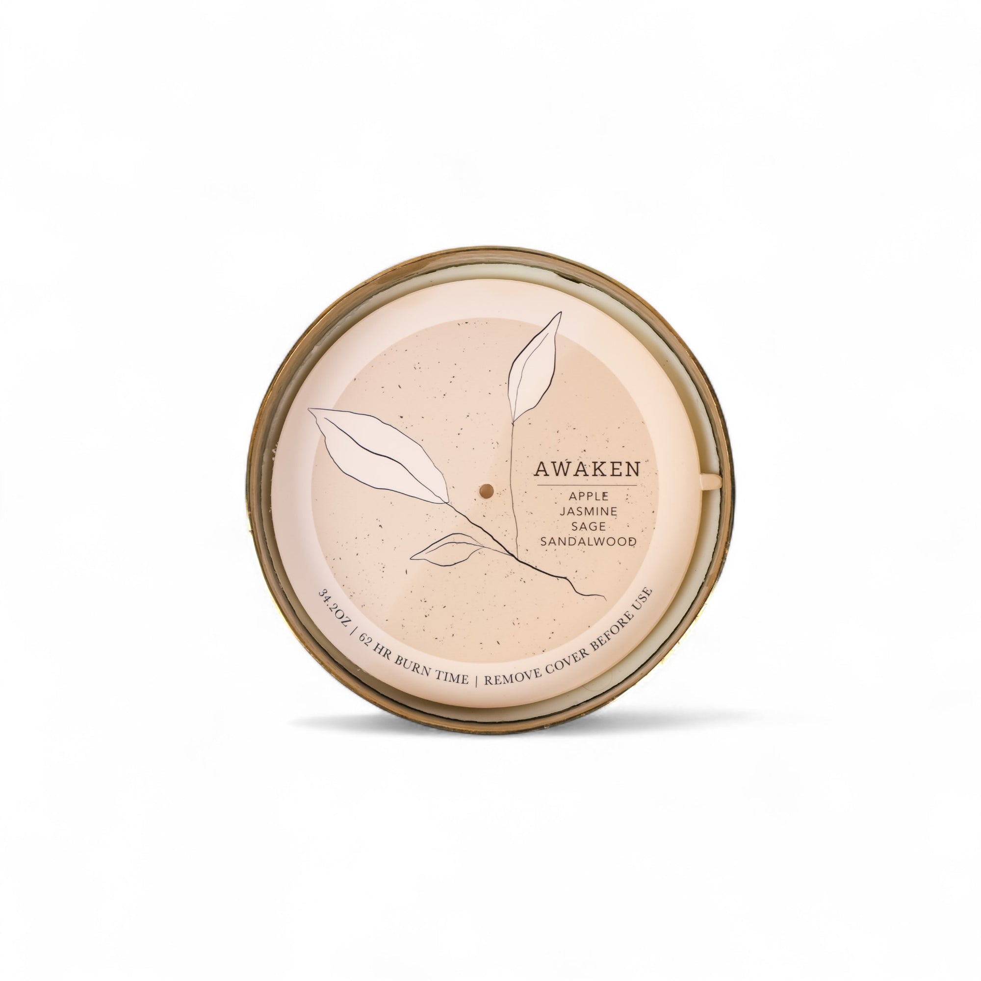 Round container labeled &#39;Awaken&#39; with leaf designs on a white background