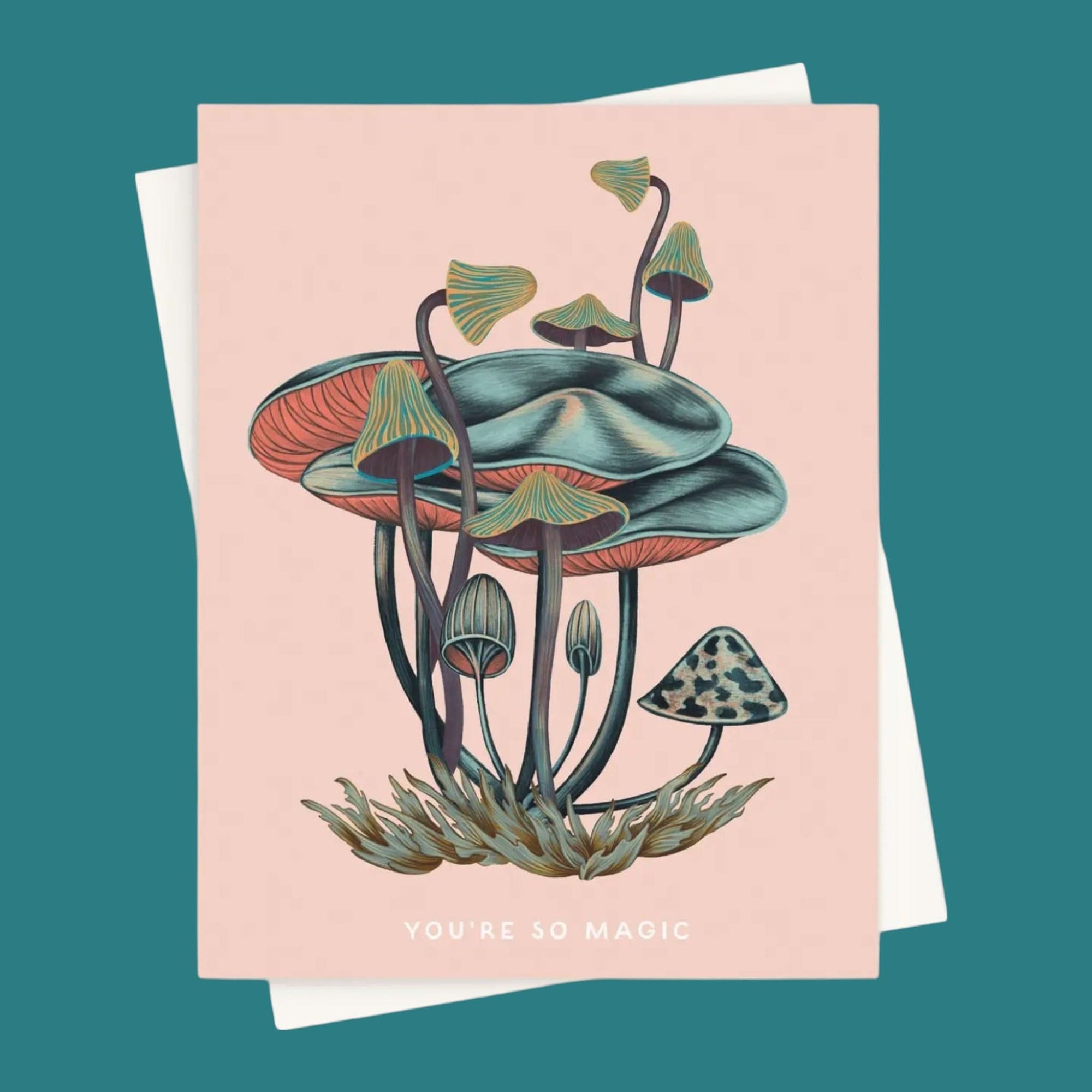 You&#39;re So Magic Mushroom Card, Pink Card on Teal Background from Green Fresh Florals + Plants