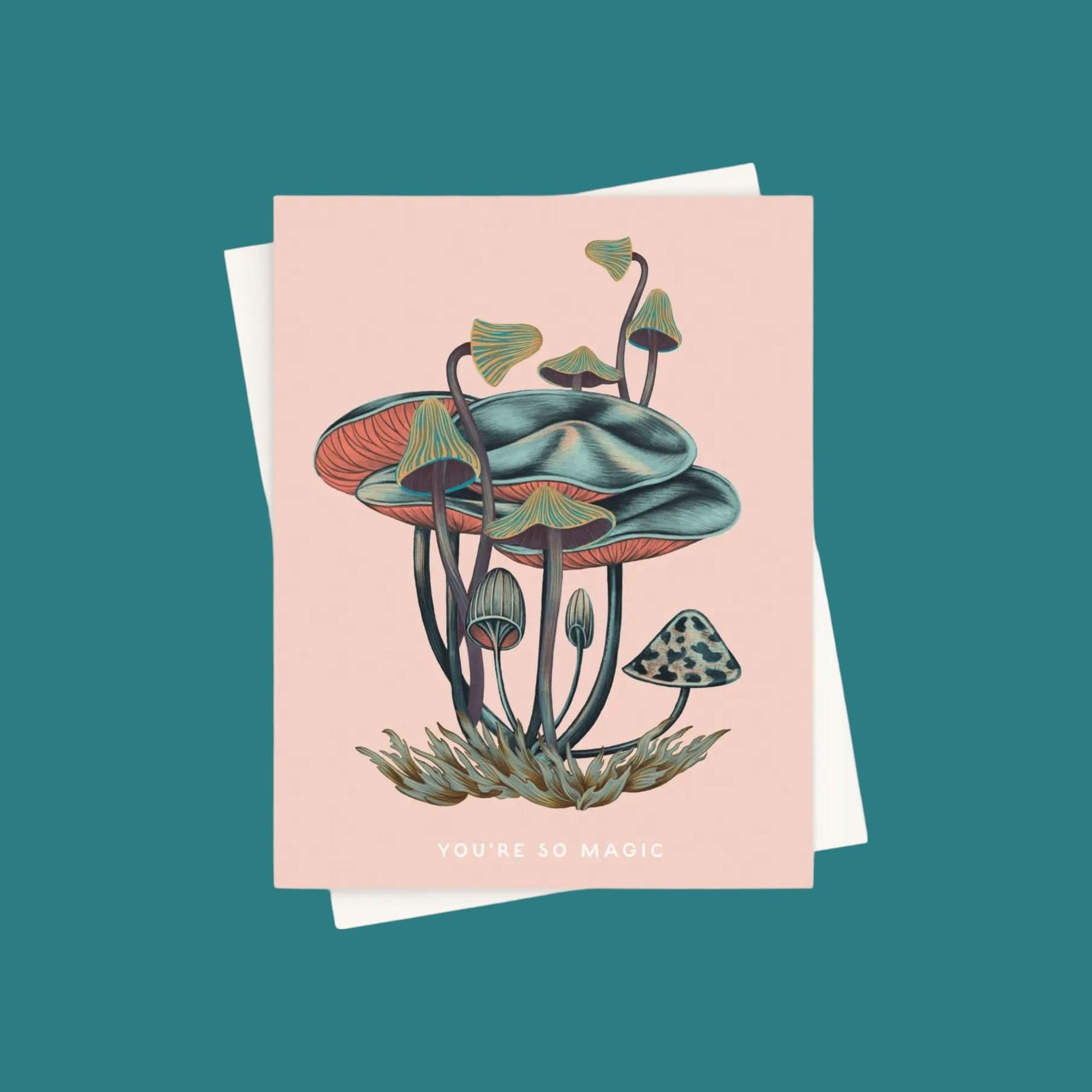 You&#39;re So Magic Mushroom Card, Pink Card on Teal Background from Green Fresh Florals + Plants