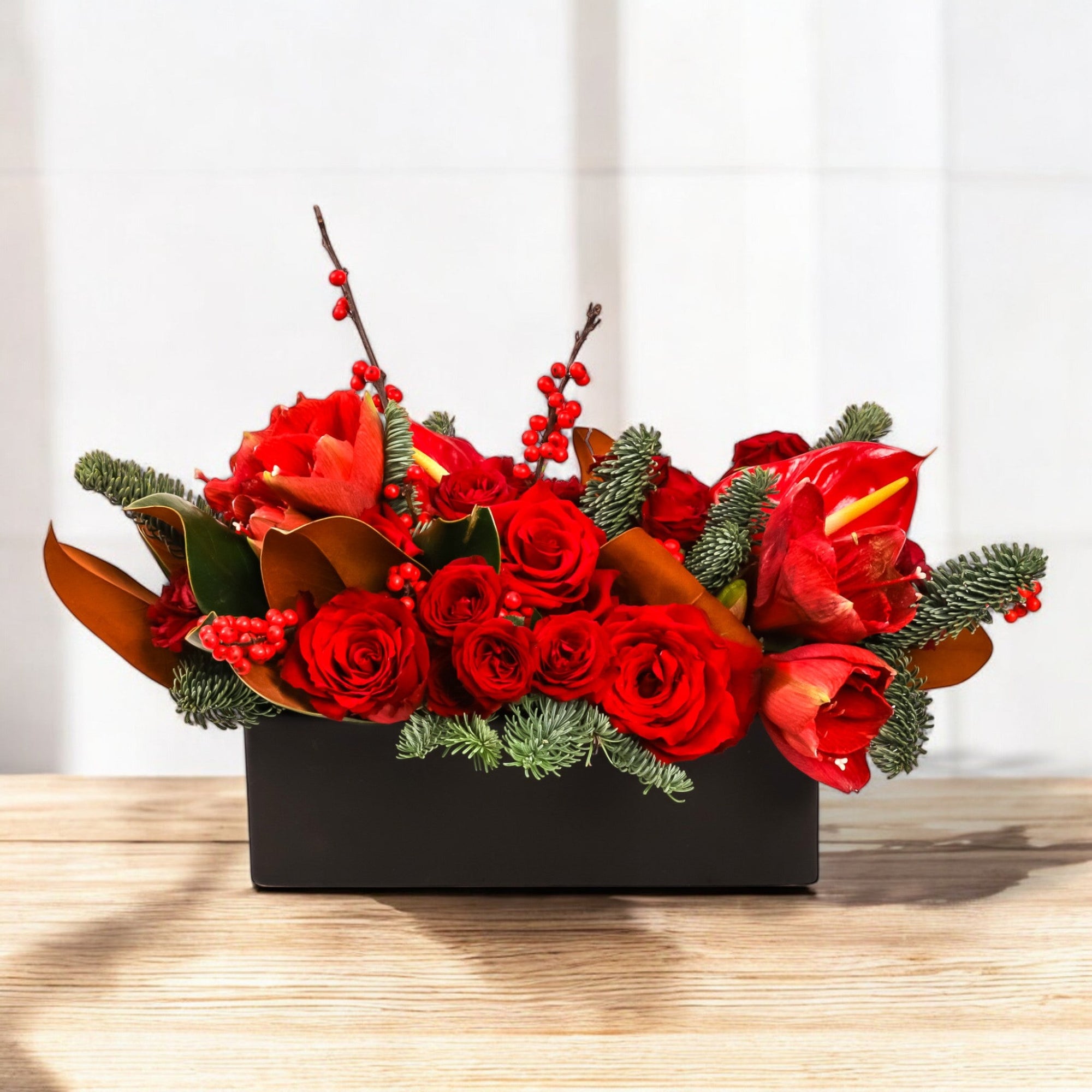 Crimson Rose & Amaryllis Luxe Centerpiece - Green Fresh Florals + Plants