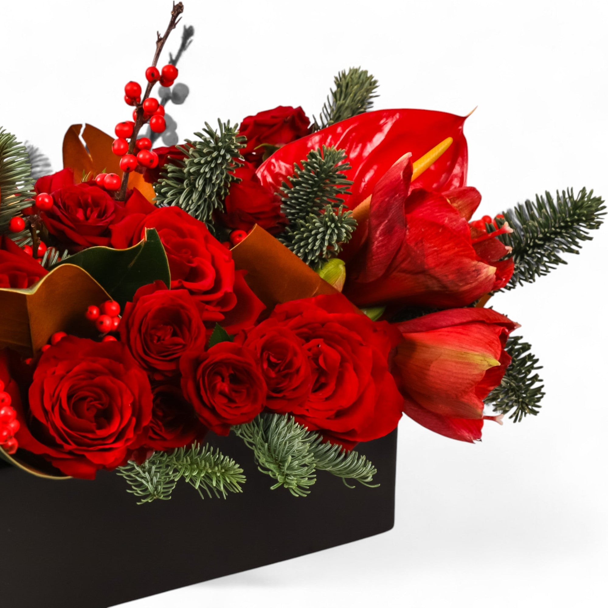 Crimson Rose &amp; Amaryllis Luxe Centerpiece - Green Fresh Florals + Plants