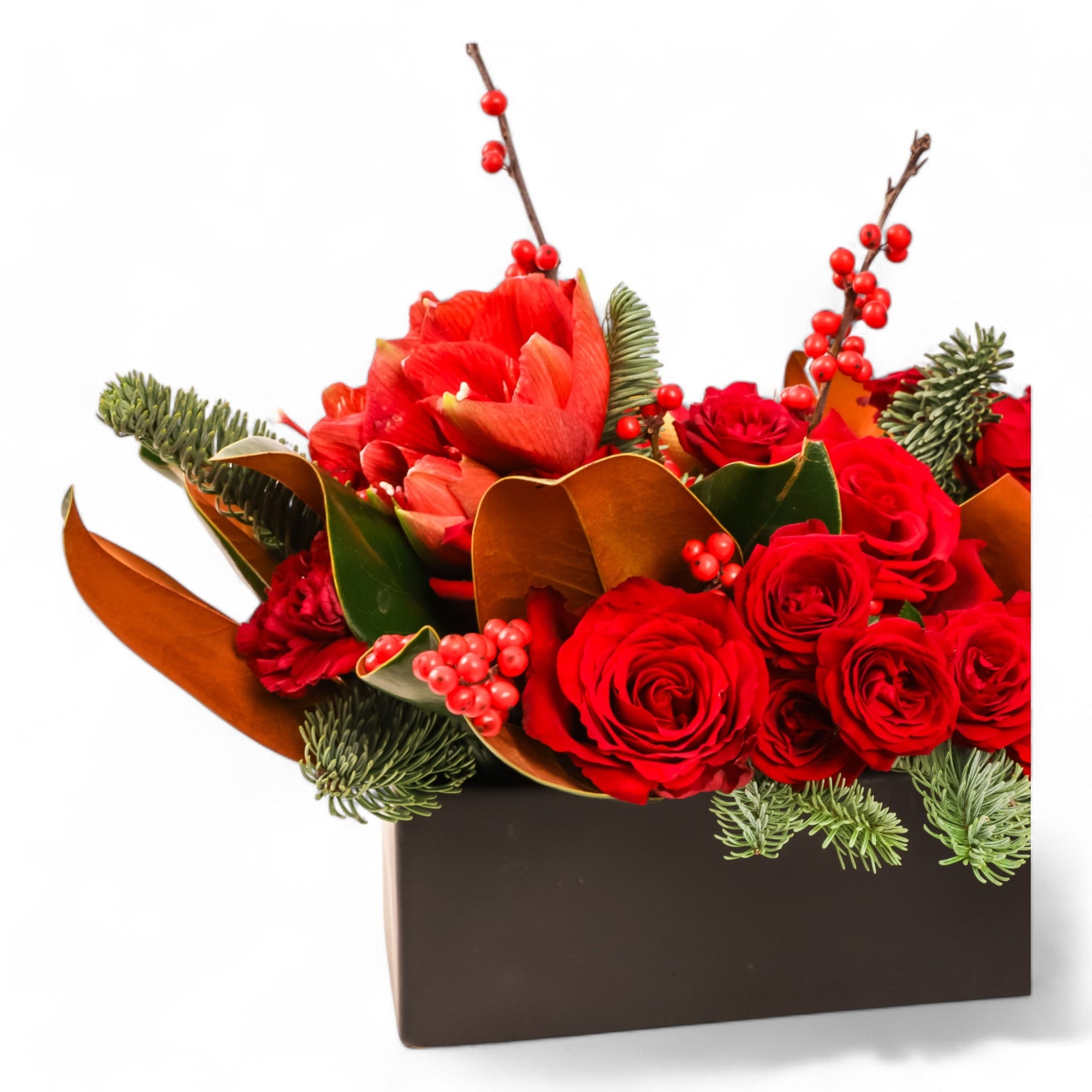 Crimson Rose & Amaryllis Luxe Centerpiece - Green Fresh Florals + Plants