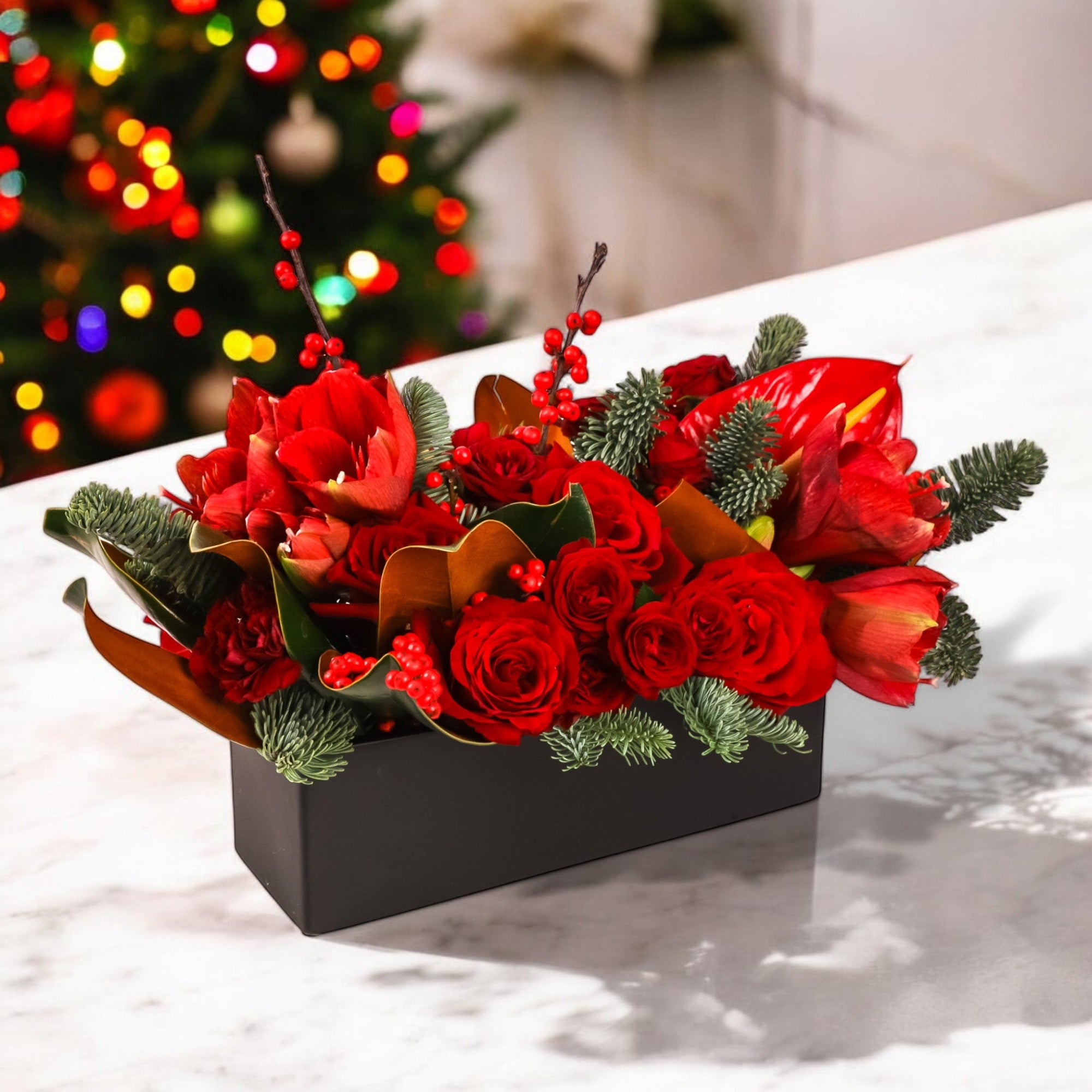 Crimson Rose & Amaryllis Luxe Centerpiece - Green Fresh Florals + Plants