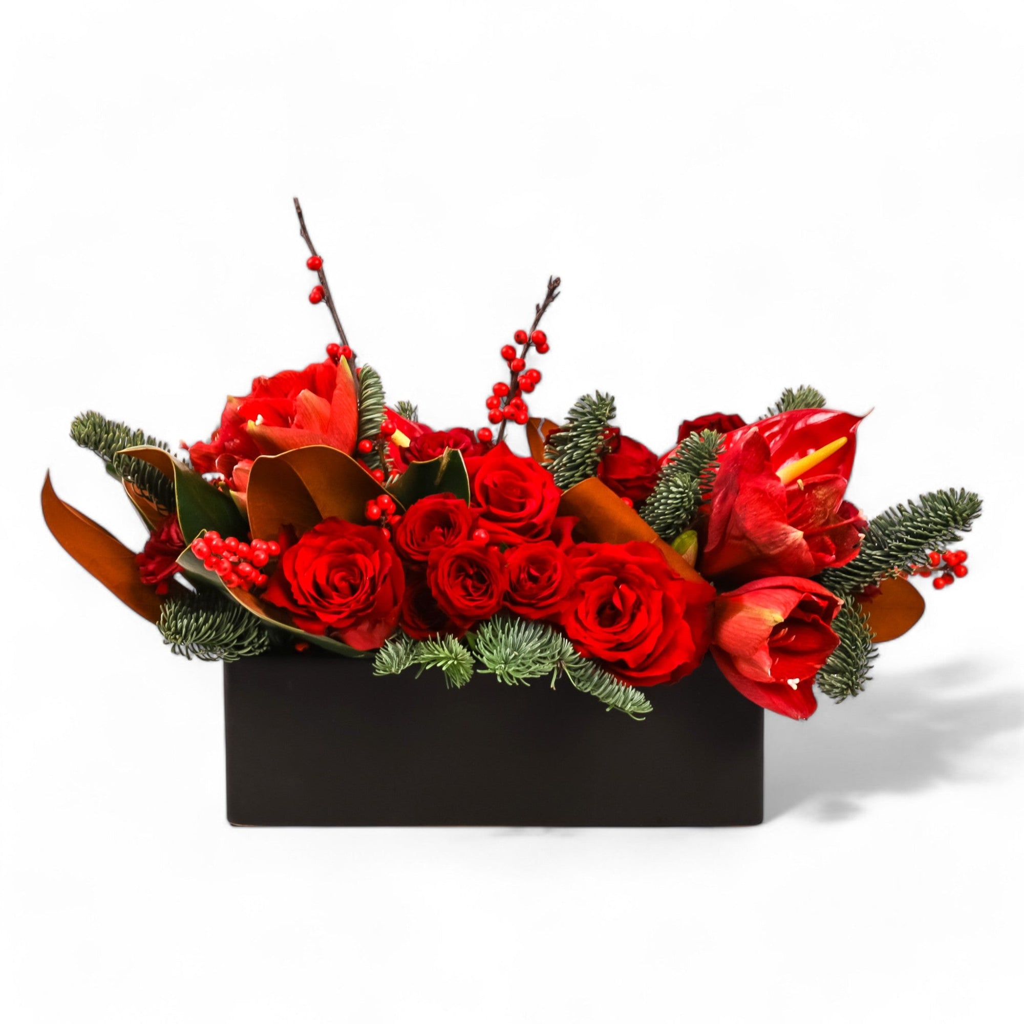 Crimson Rose & Amaryllis Luxe Centerpiece - Green Fresh Florals + Plants