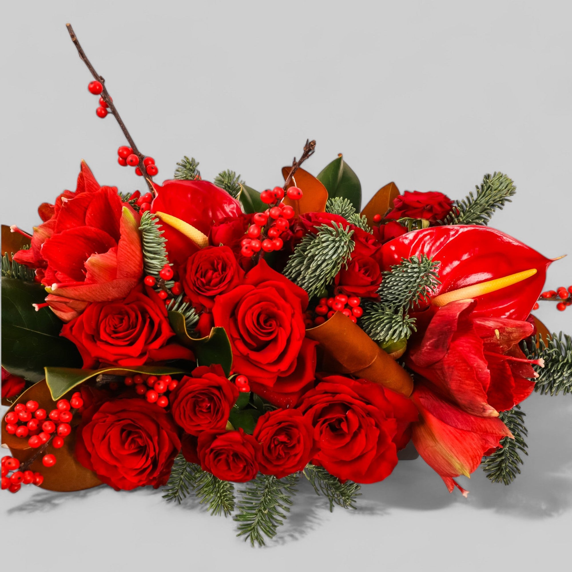 Crimson Rose &amp; Amaryllis Luxe Centerpiece - Green Fresh Florals + Plants