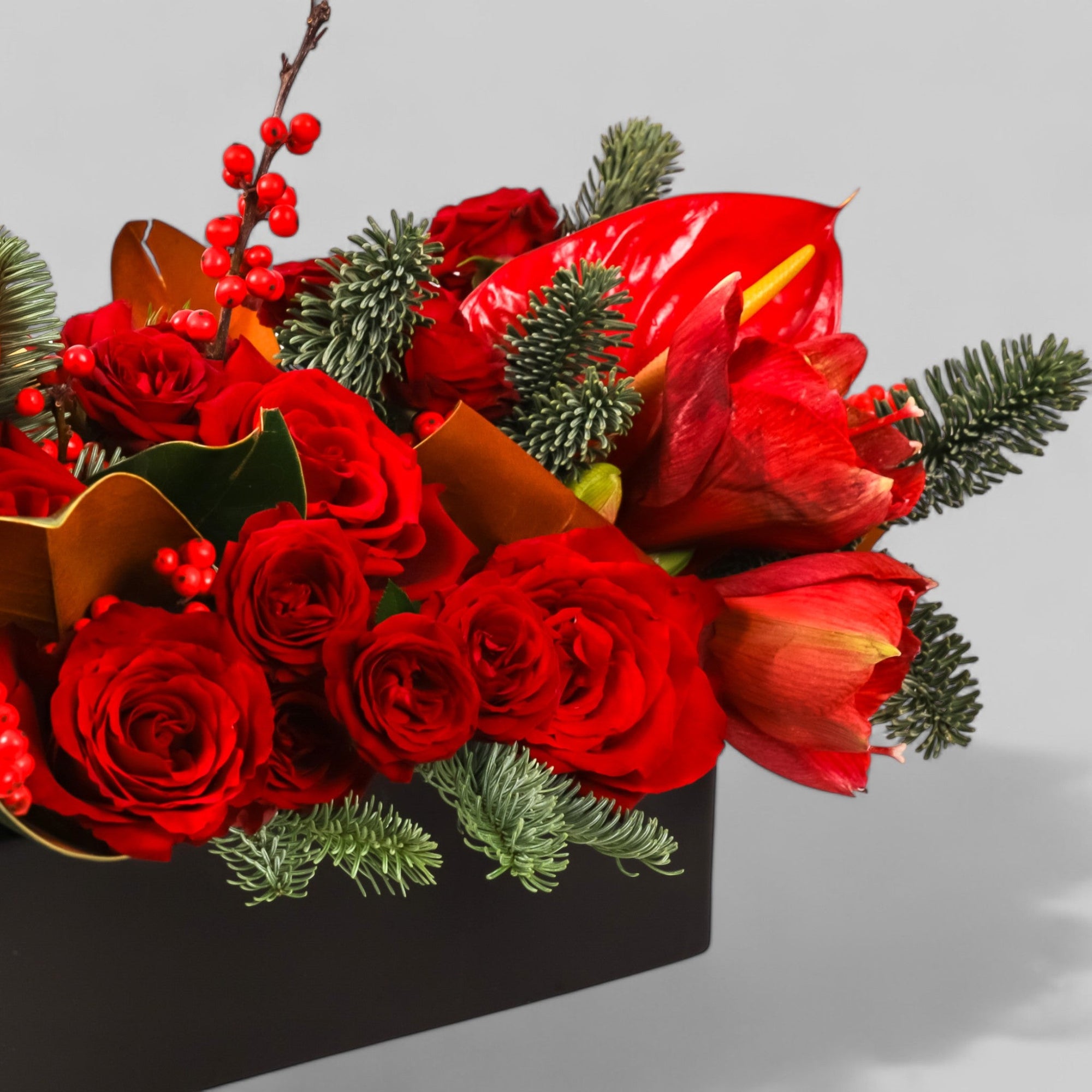 Crimson Rose &amp; Amaryllis Luxe Centerpiece - Green Fresh Florals + Plants