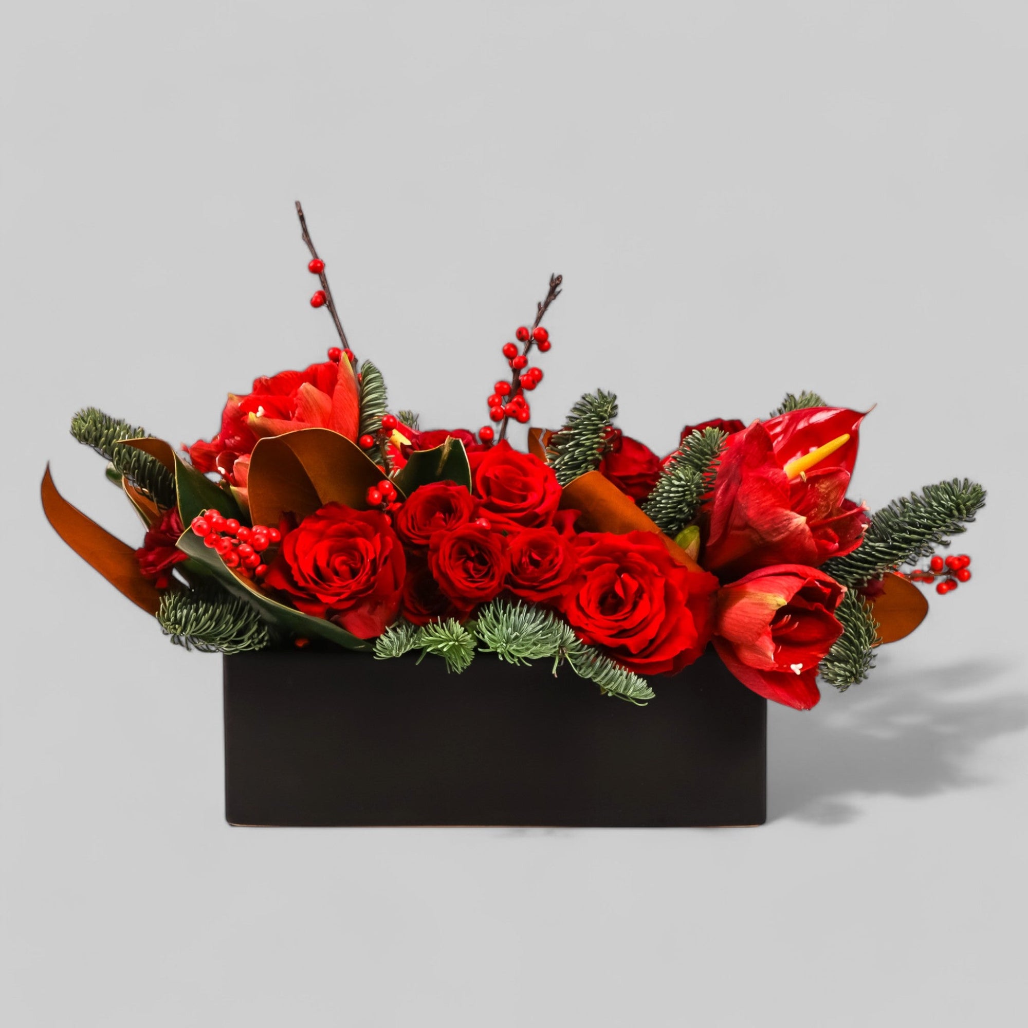 Crimson Rose &amp; Amaryllis Luxe Centerpiece - Green Fresh Florals + Plants