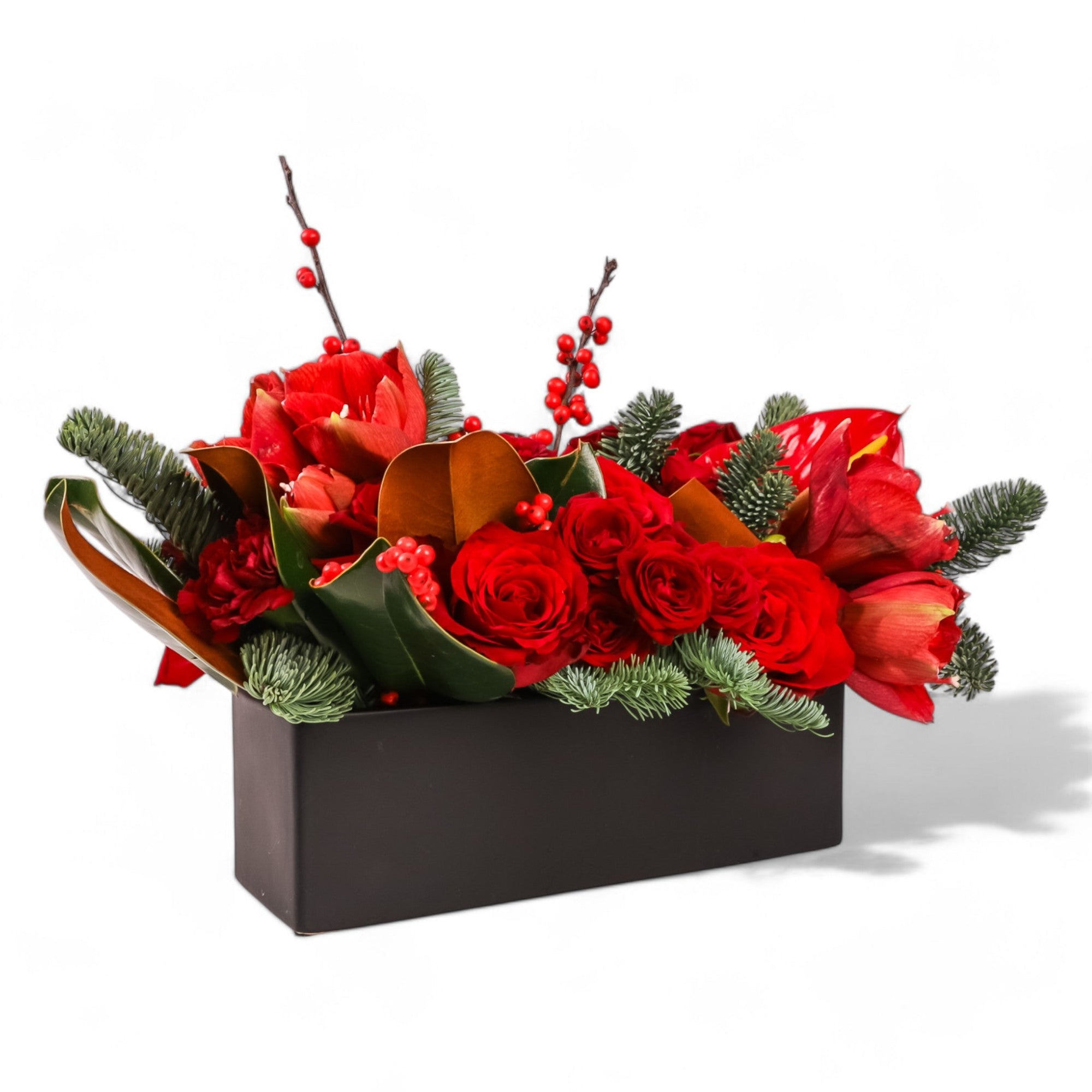 Crimson Rose & Amaryllis Luxe Centerpiece - Green Fresh Florals + Plants