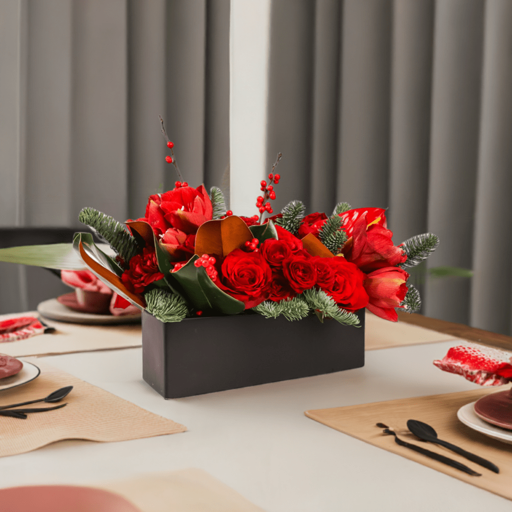 Crimson Rose & Amaryllis Luxe Centerpiece - Green Fresh Florals + Plants