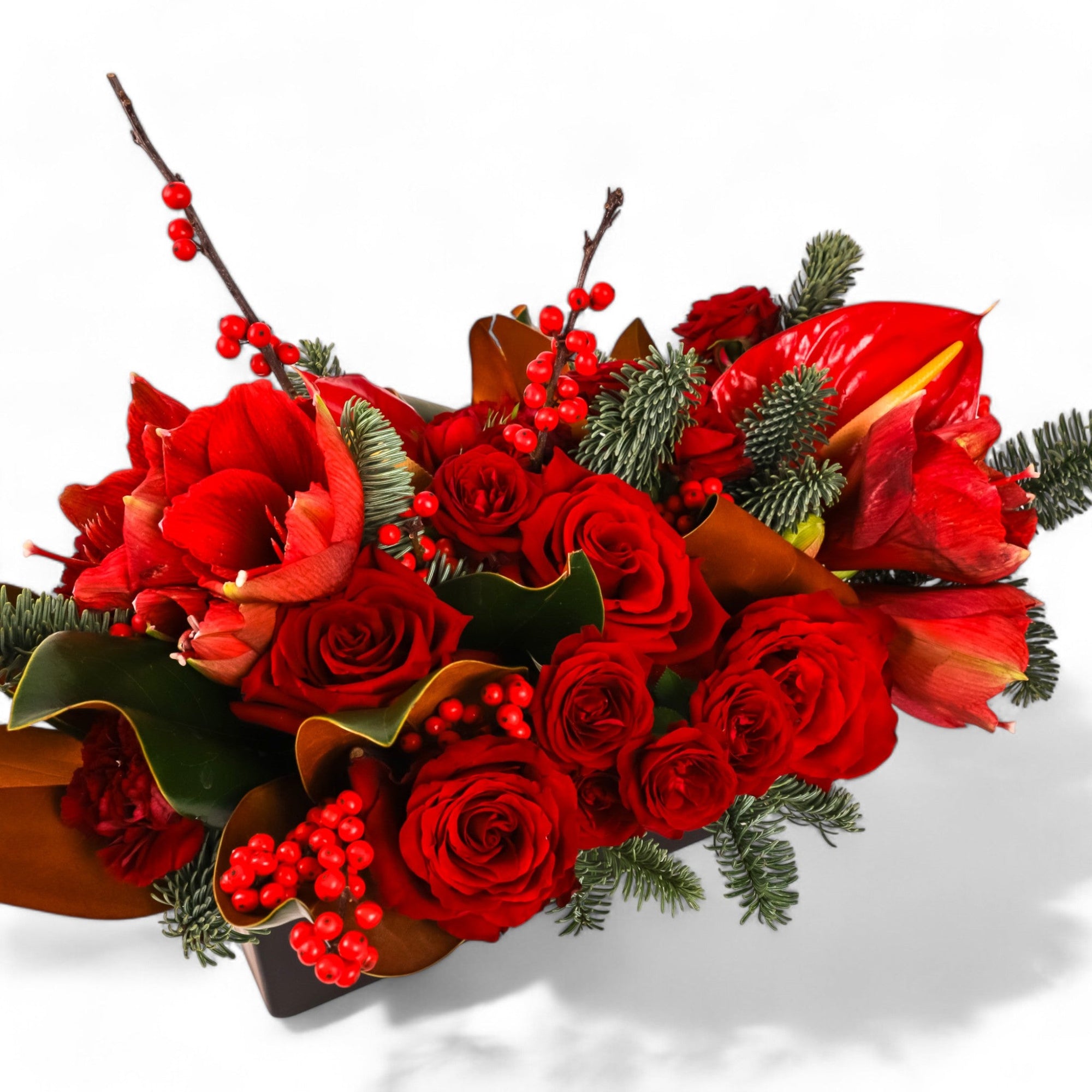 Crimson Rose &amp; Amaryllis Luxe Centerpiece - Green Fresh Florals + Plants