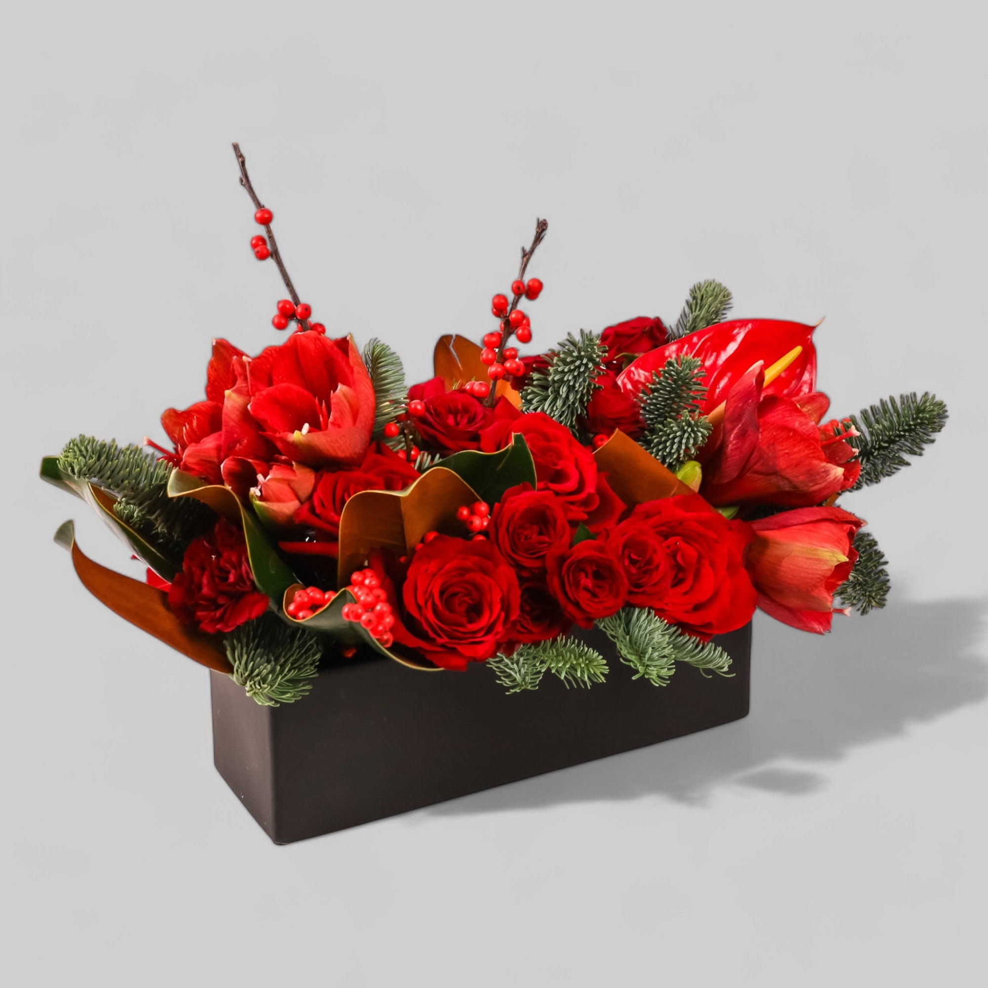 Crimson Rose &amp; Amaryllis Luxe Centerpiece - Green Fresh Florals + Plants