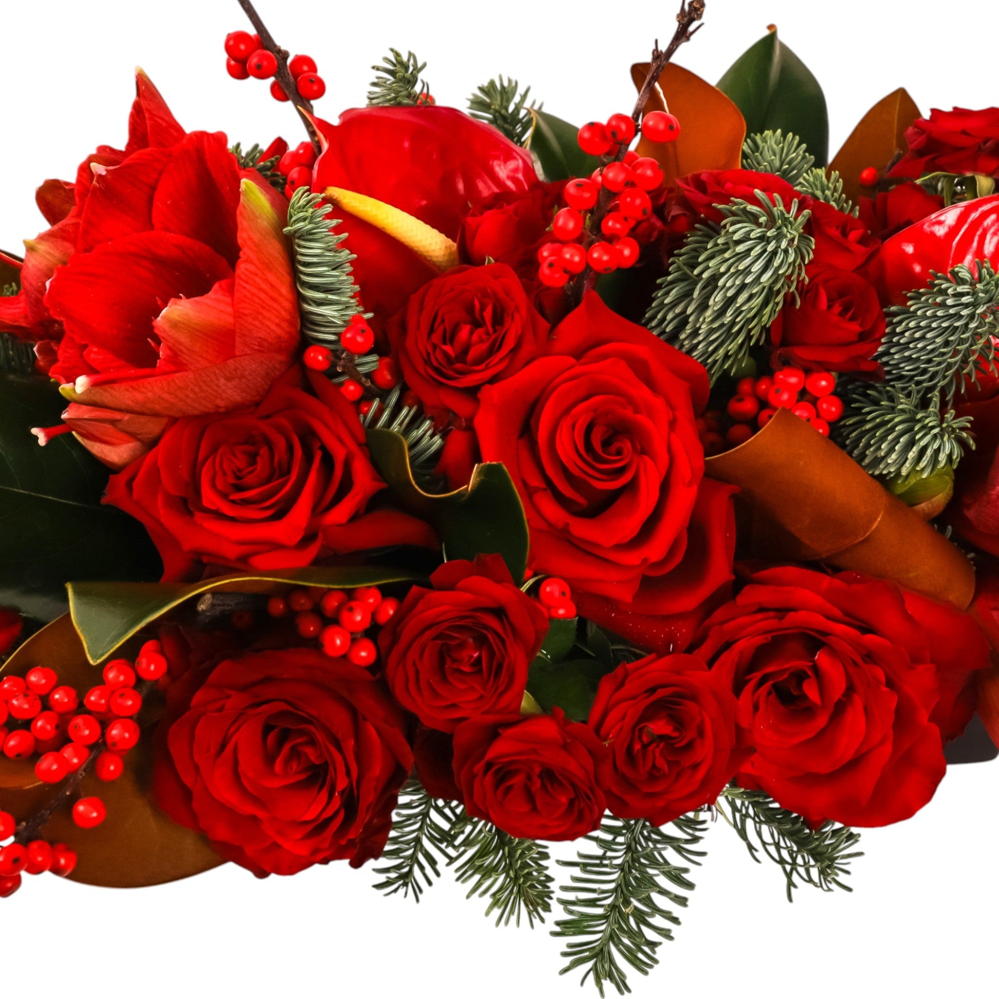 Crimson Rose &amp; Amaryllis Luxe Centerpiece - Green Fresh Florals + Plants