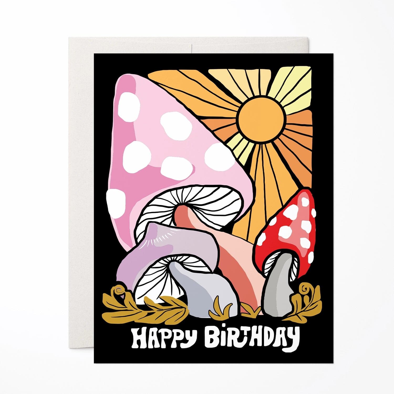 Magic Mushroom Birthday Card - Green Fresh Florals + Plants