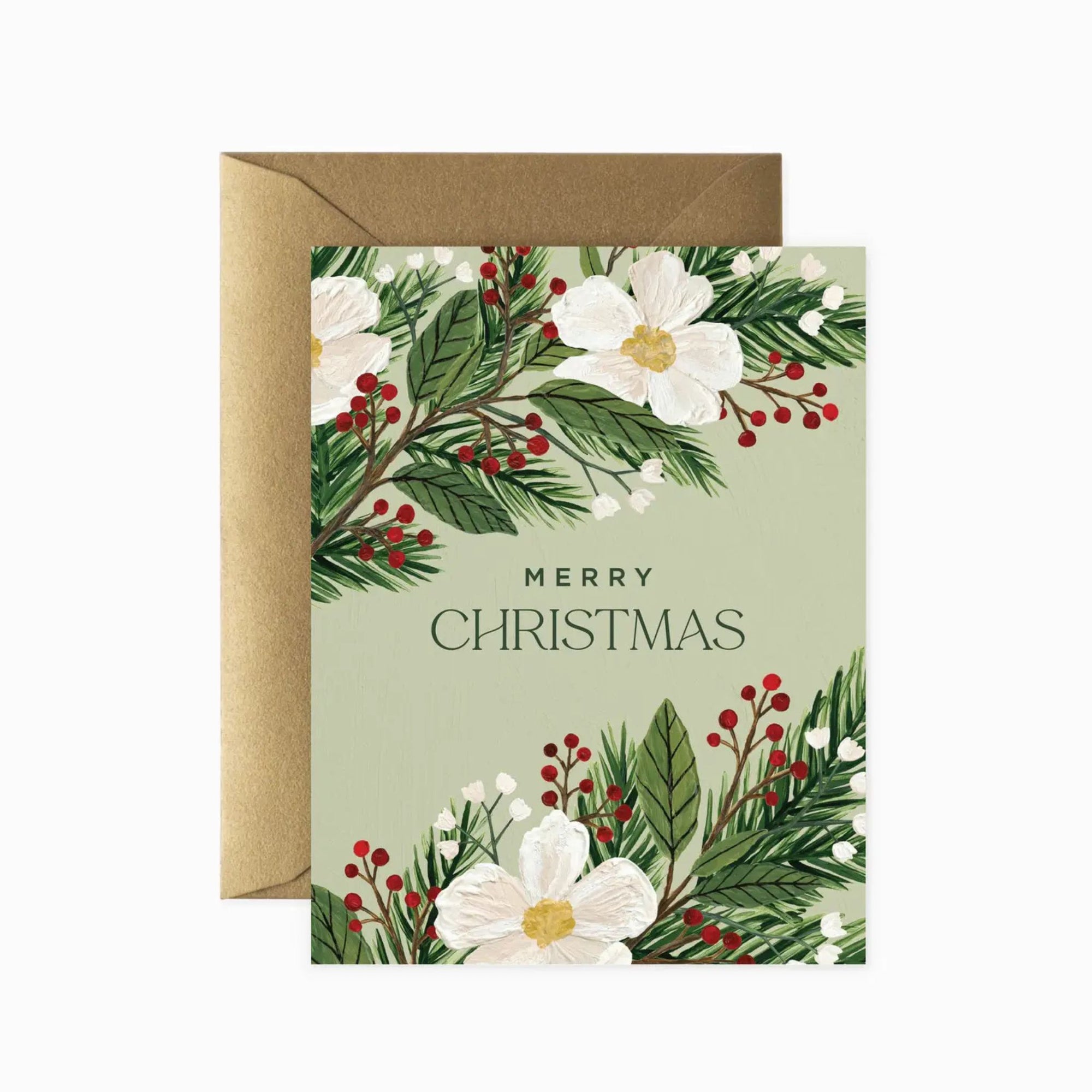 Merry Christmas Floral Card - Green Fresh Florals + Plants