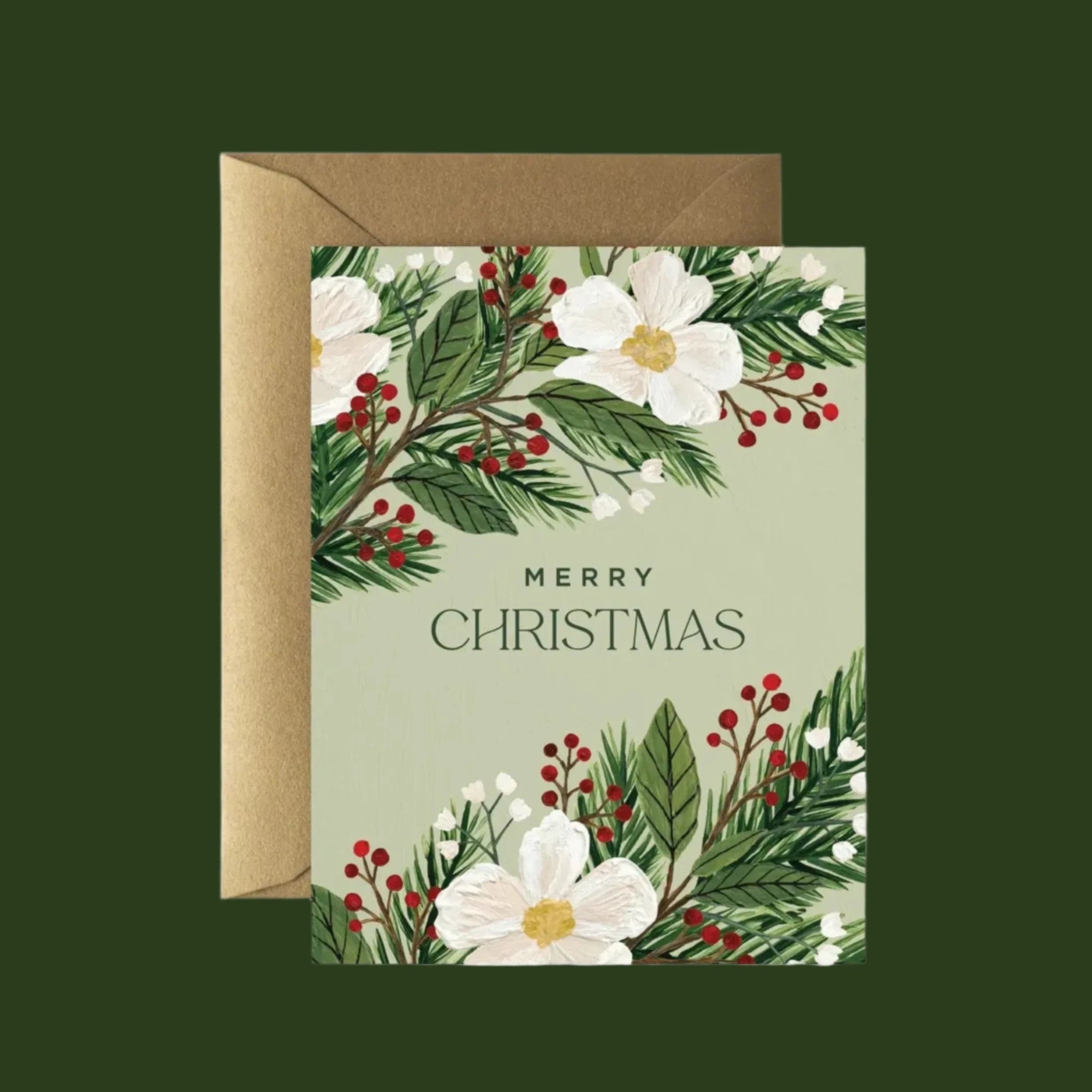 Merry Christmas Floral Card - Green Fresh Florals + Plants