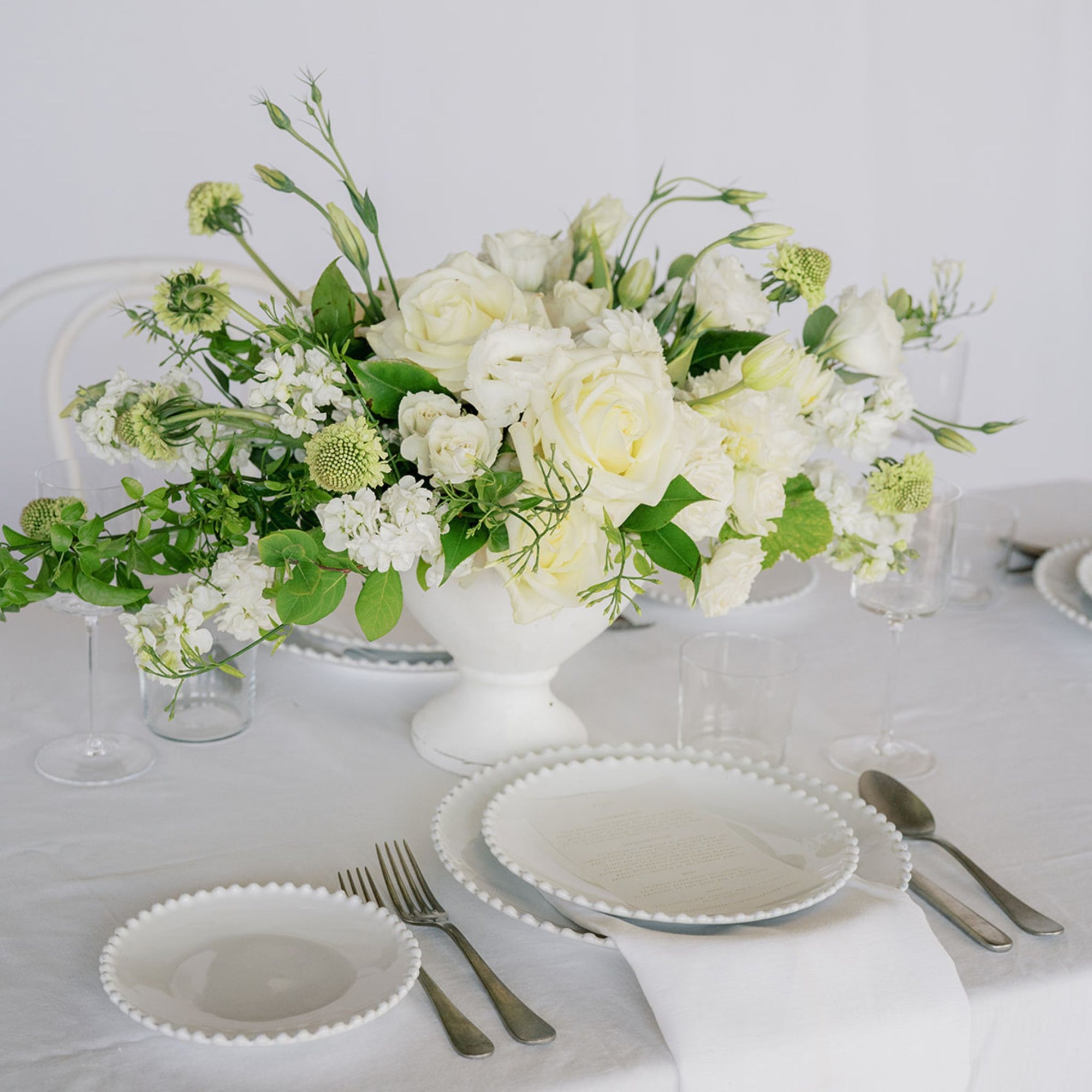 White A la Carte Wedding Centerpiece - Green Fresh Florals + Plants