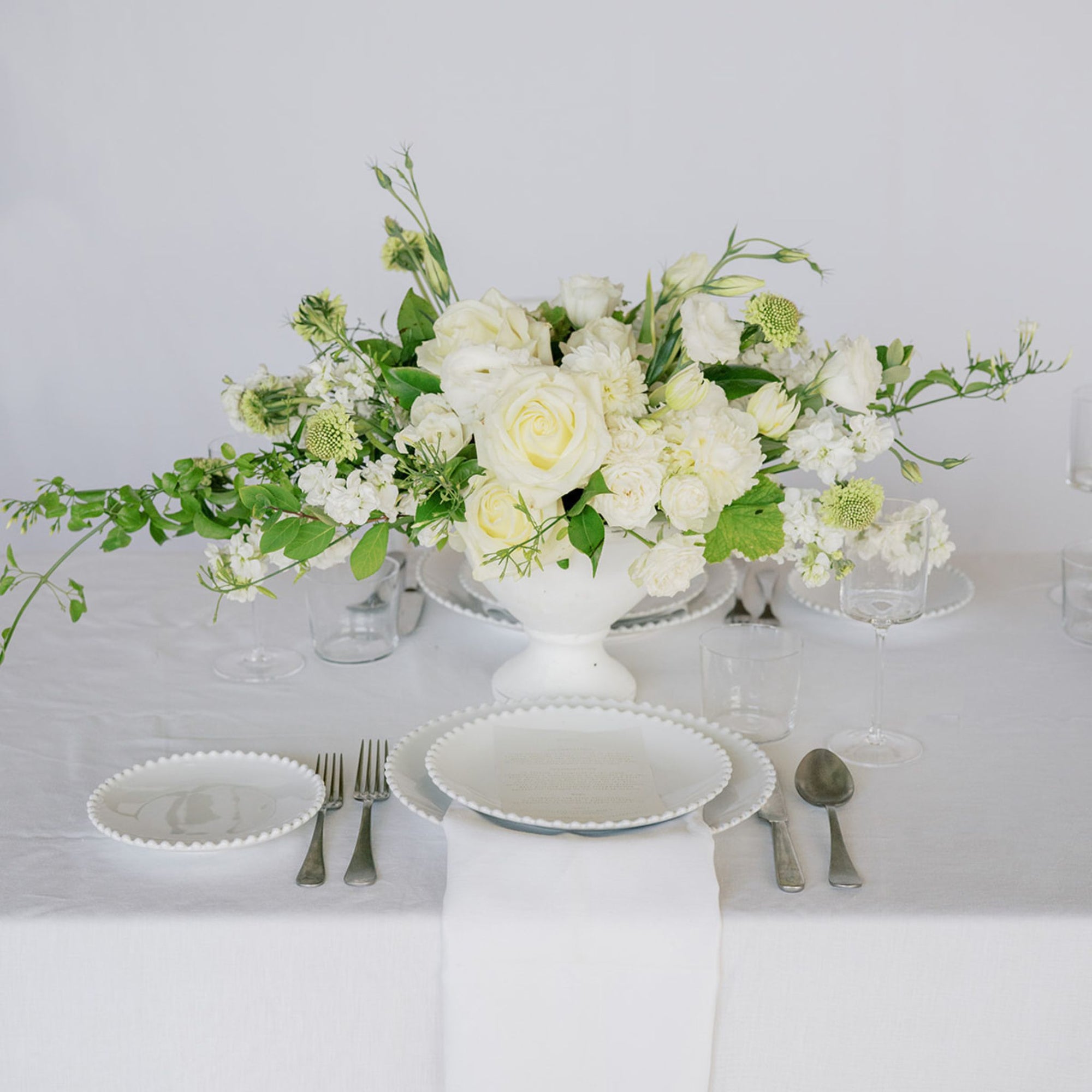 White A la Carte Wedding Centerpiece - Green Fresh Florals + Plants