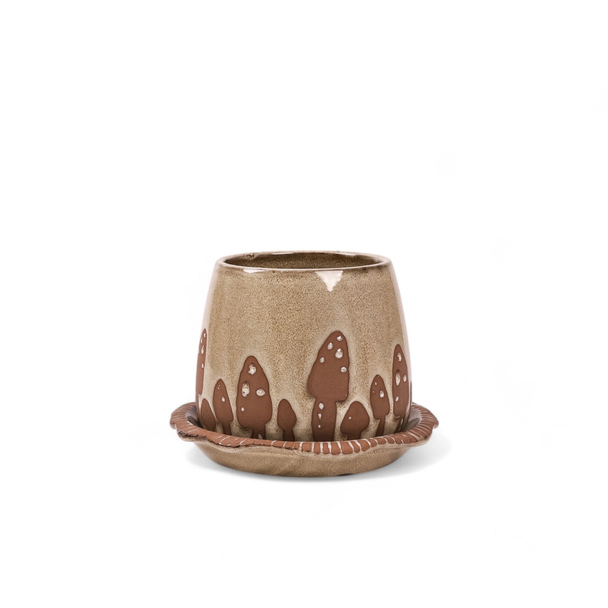 Wild Mushroom Pot + Saucer - Green Fresh Florals + Plants