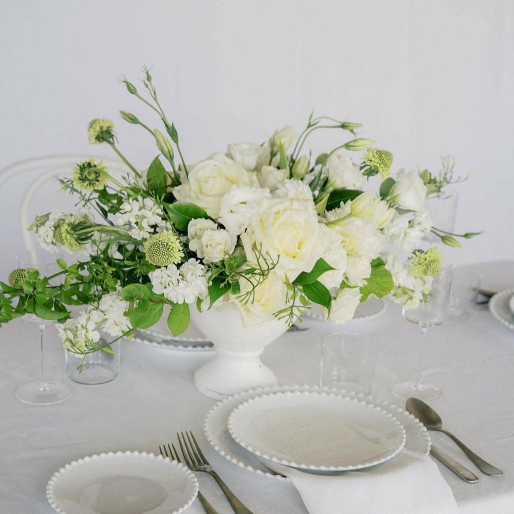 White A la Carte Wedding Centerpiece - Green Fresh Florals + Plants