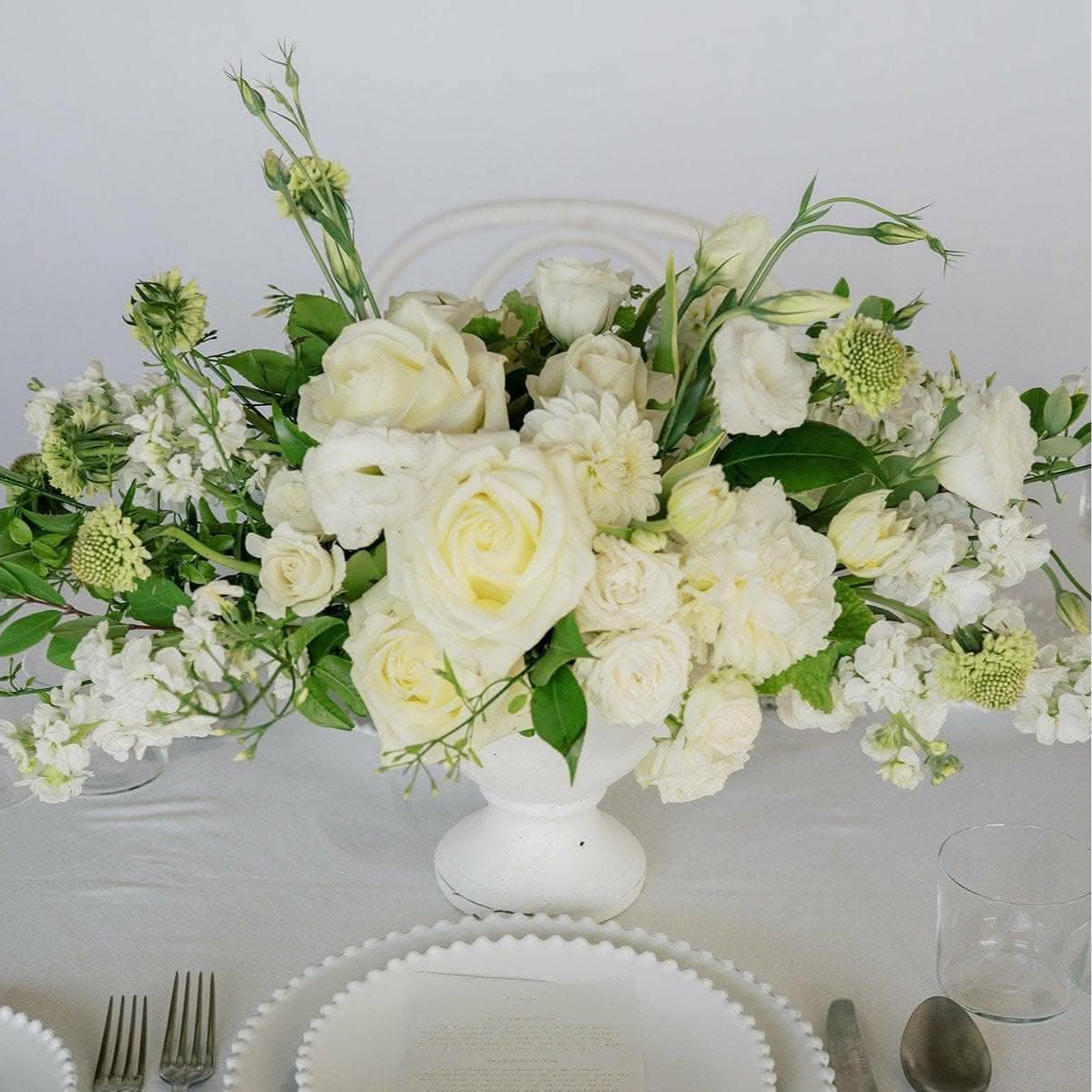 White A la Carte Wedding Centerpiece - Green Fresh Florals + Plants