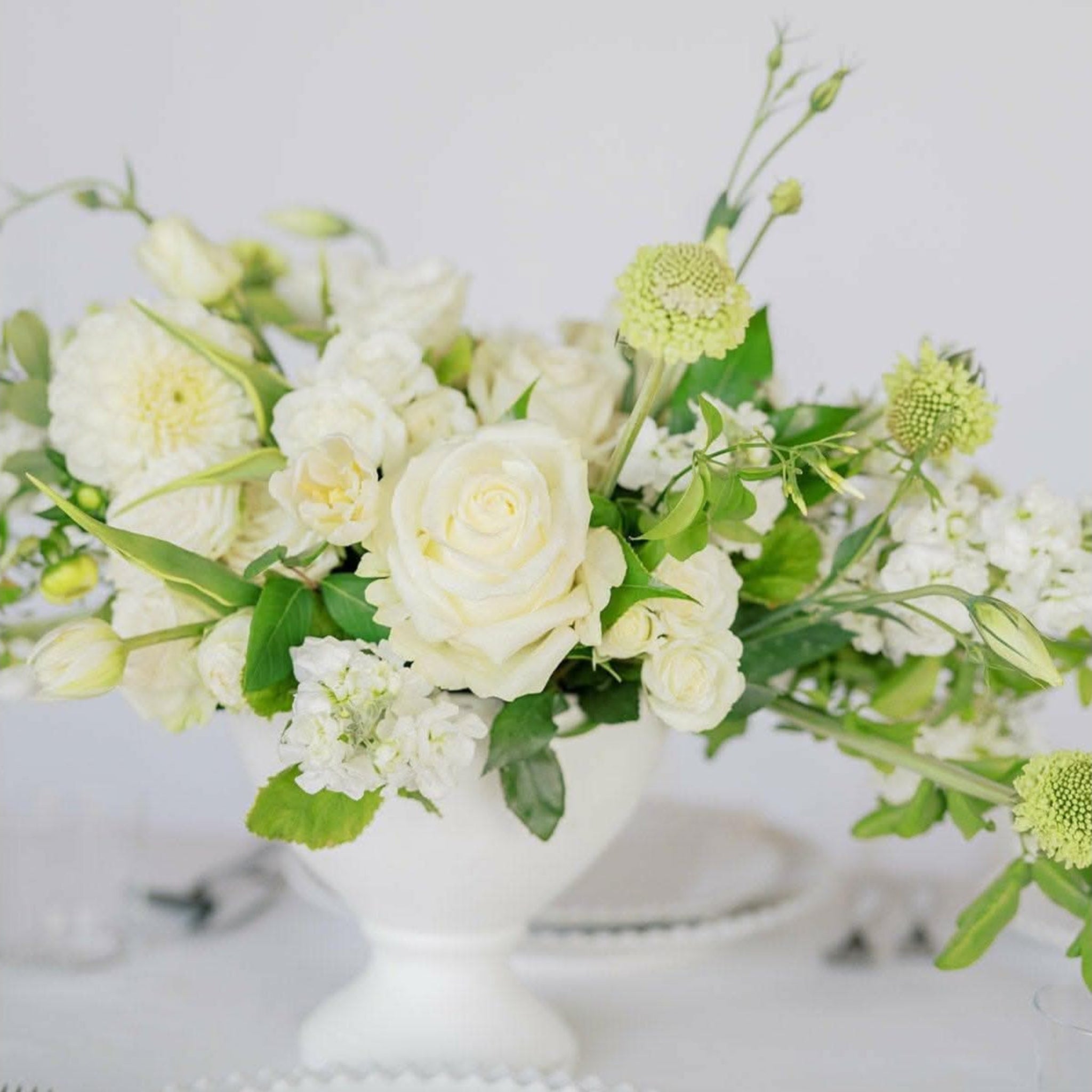 White A la Carte Wedding Centerpiece - Green Fresh Florals + Plants