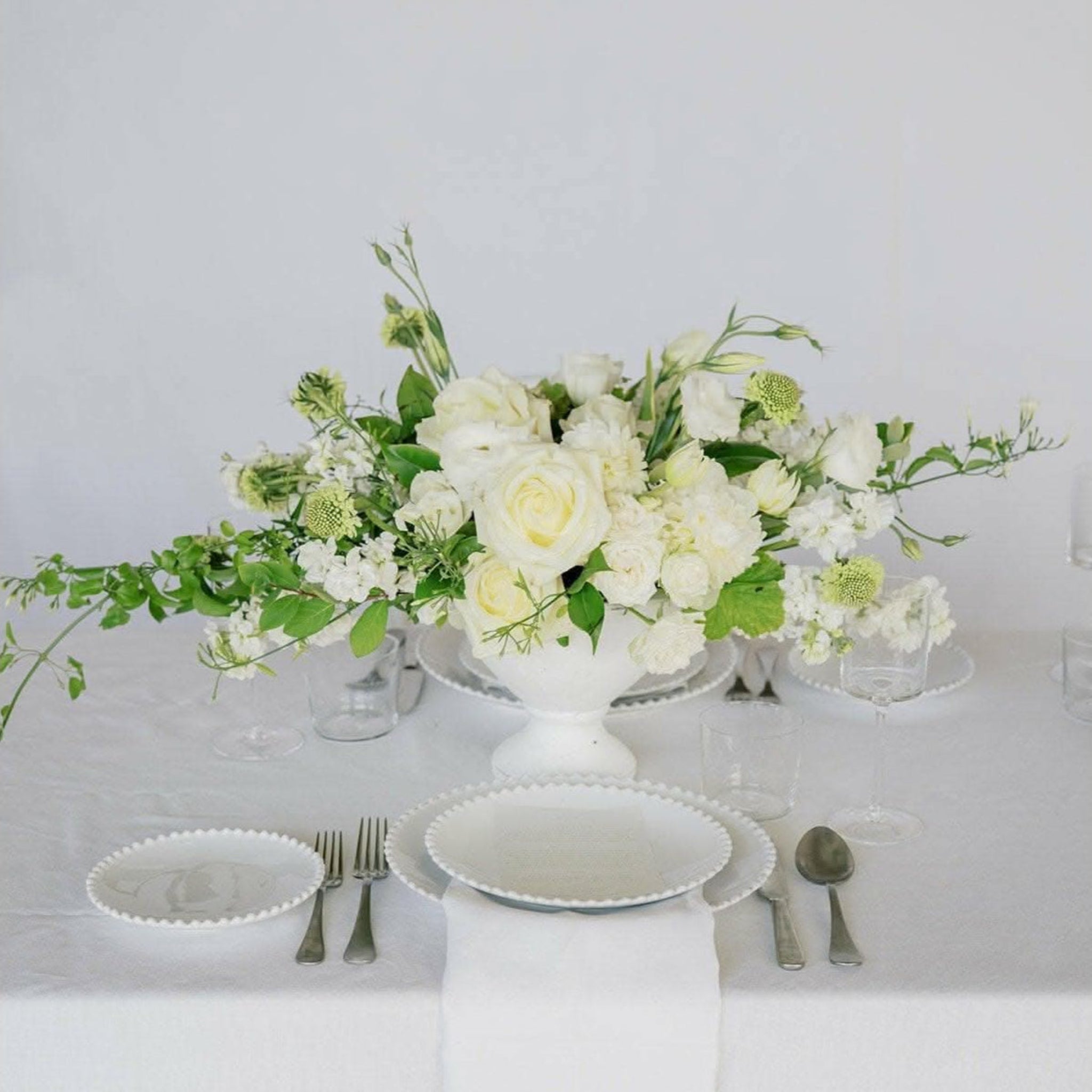 White A la Carte Wedding Centerpiece - Green Fresh Florals + Plants
