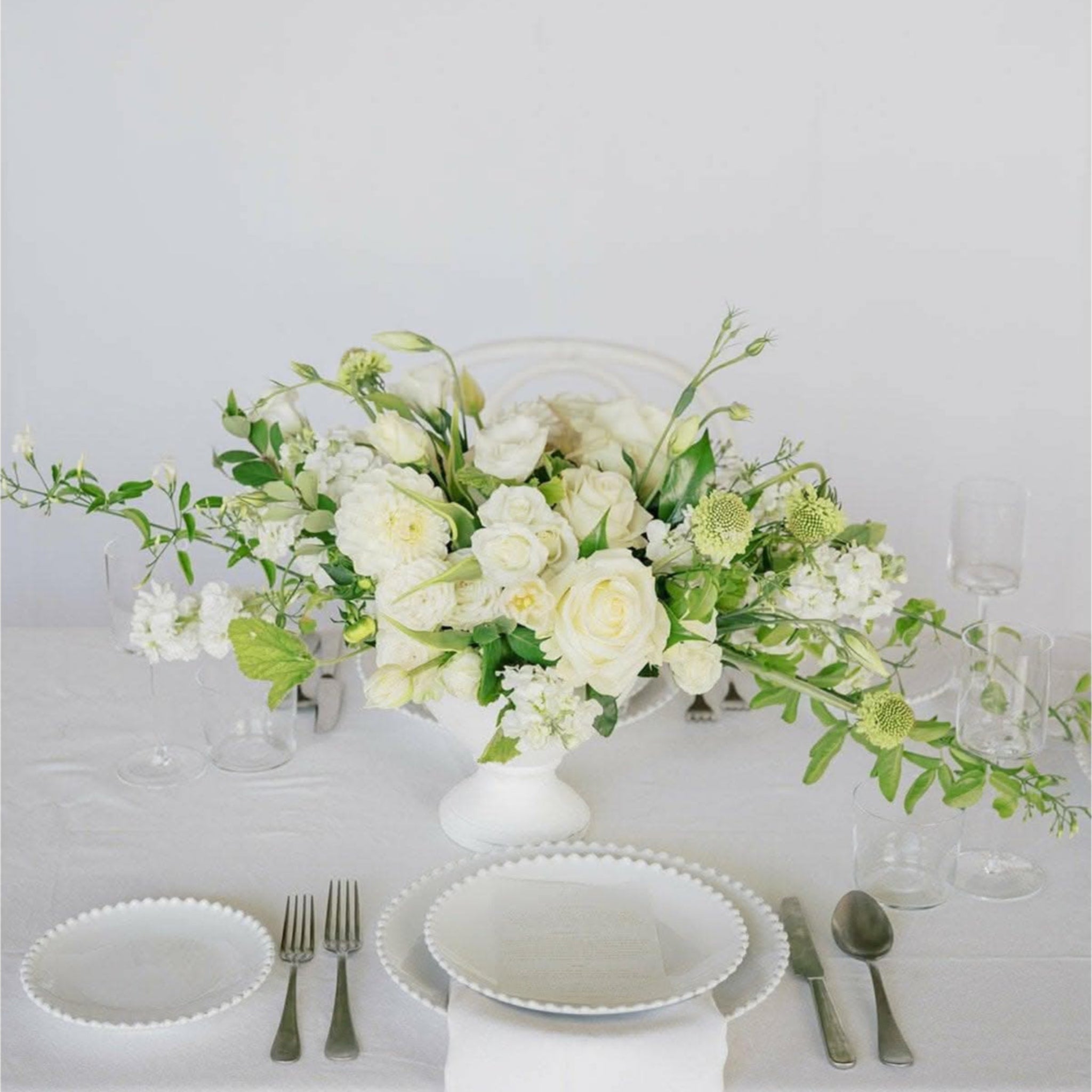 White A la Carte Wedding Centerpiece - Green Fresh Florals + Plants