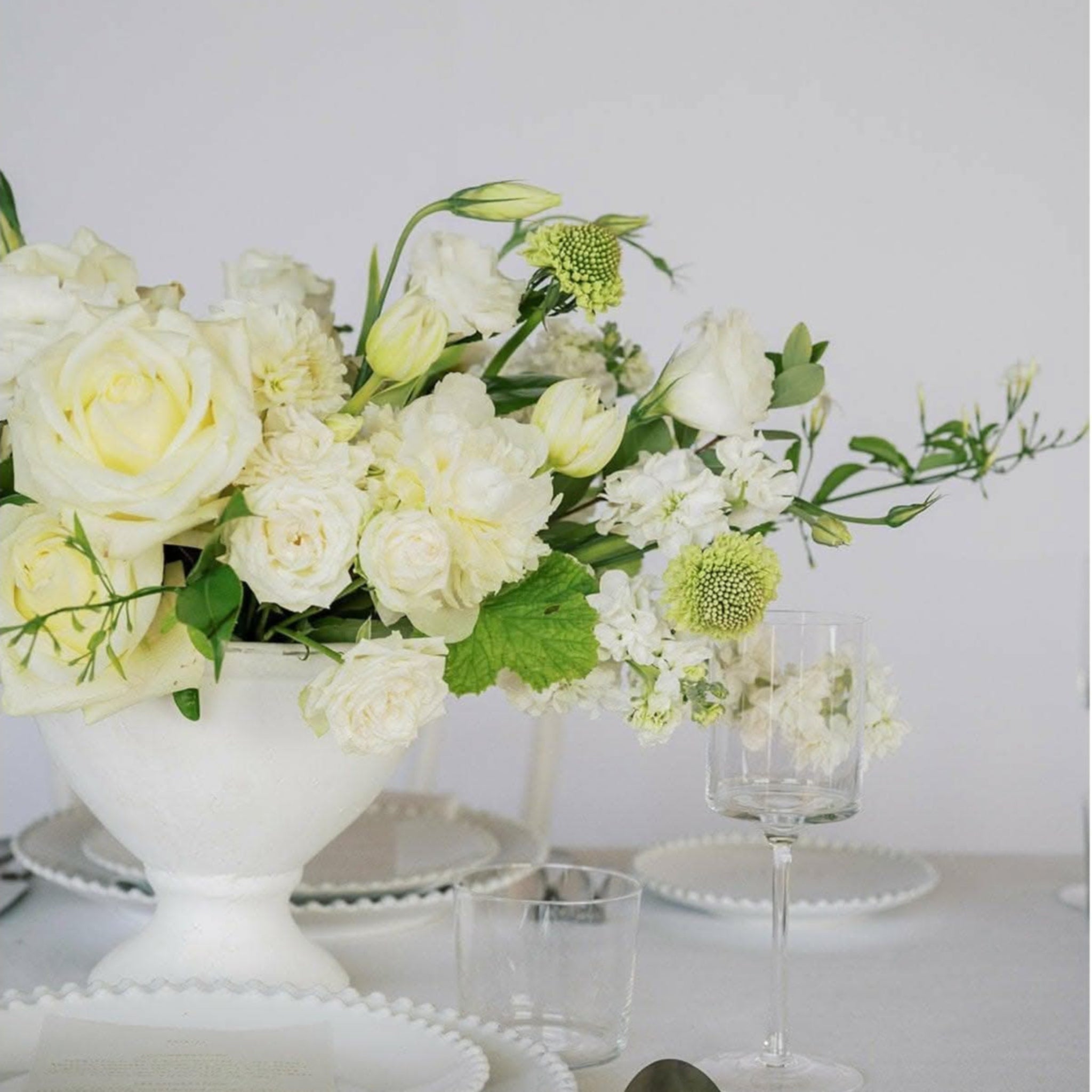 White A la Carte Wedding Centerpiece - Green Fresh Florals + Plants